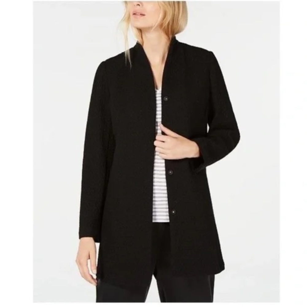 Eileen Fisher Black Textured Longline High Collar Snap Button Jacket Cardigan